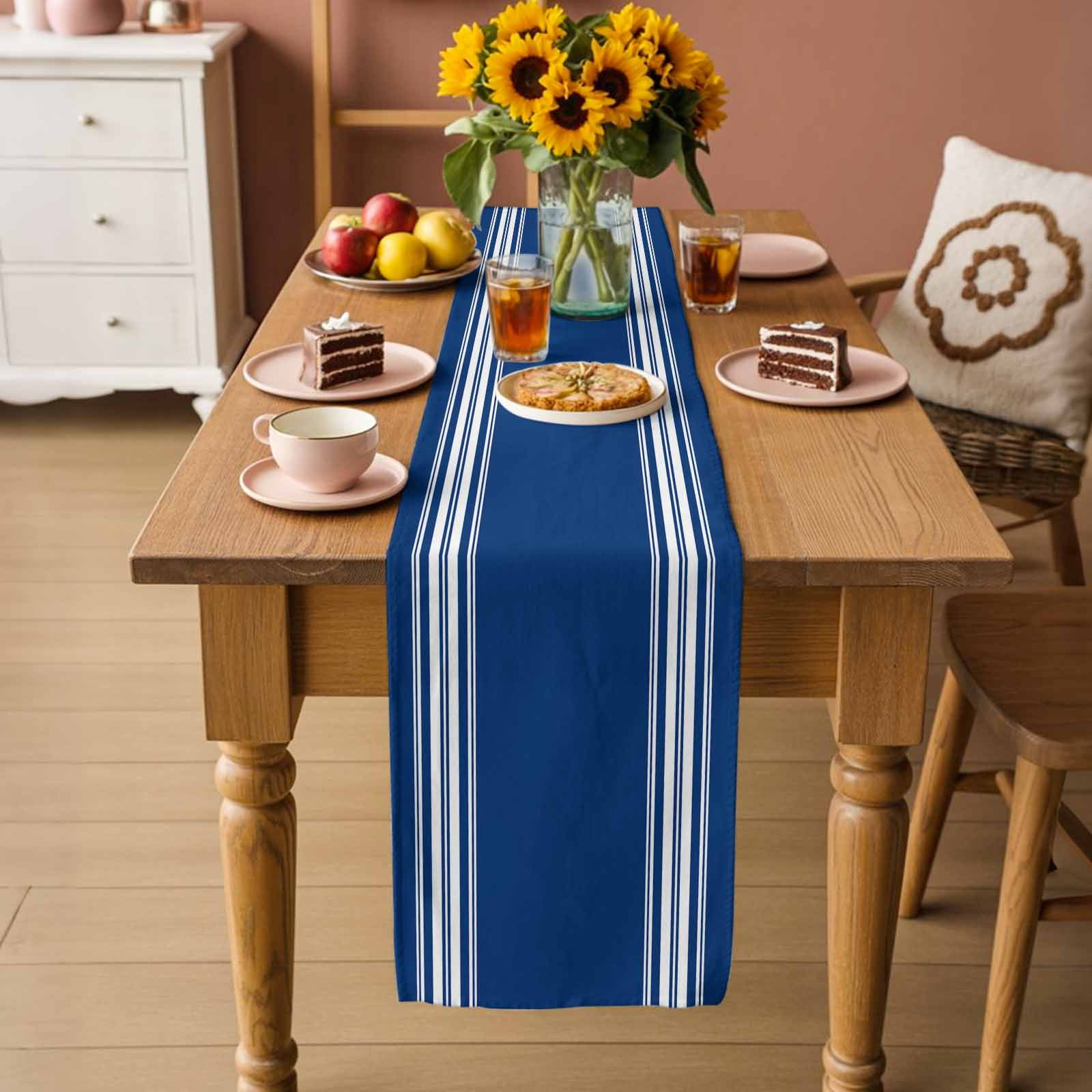 Blue Striped Table Runner, Farmhouse Blue White Stripes Washable Cotton Linen Table Runners 108 Inches Long, Dresser Scarf Runner for Dining/Living Room/Kitchen/Square Tables 13''x108''