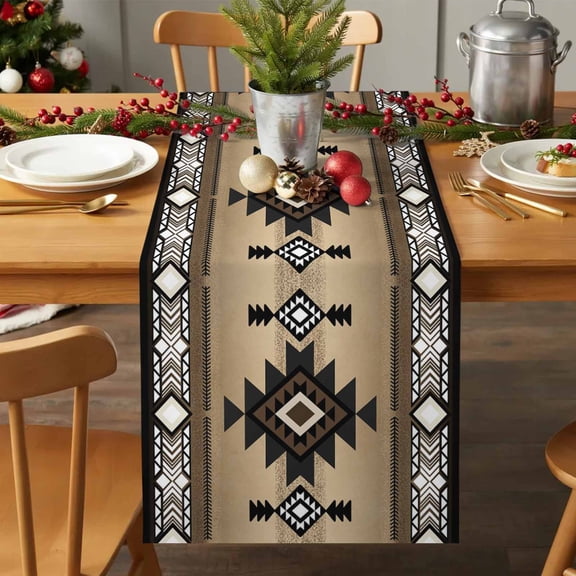 Table Runner 36 Inches Long - Abstract Boho Brown Geometric Pattern Decorative Table Scarf, Retro Southwest Theme Dining Table Runners for Wedding Party Kitchen Dining Tables