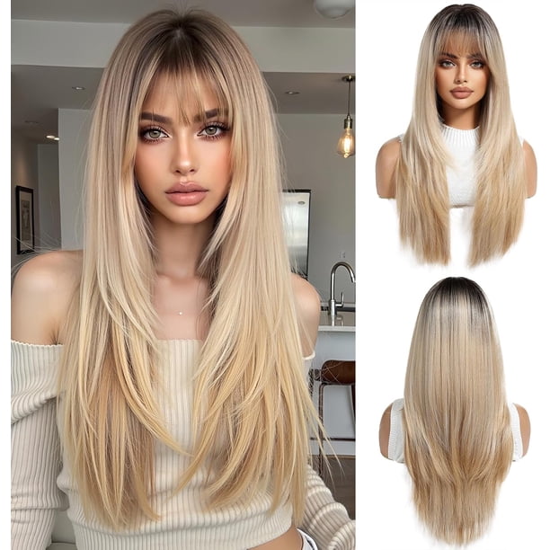 Yanonmyfd Black Wigs for Women Long Wig with Bangs Natural Straight Wigs Synthetic Hair Heat Resistant Wigs for Daily Party Cosplay Wear