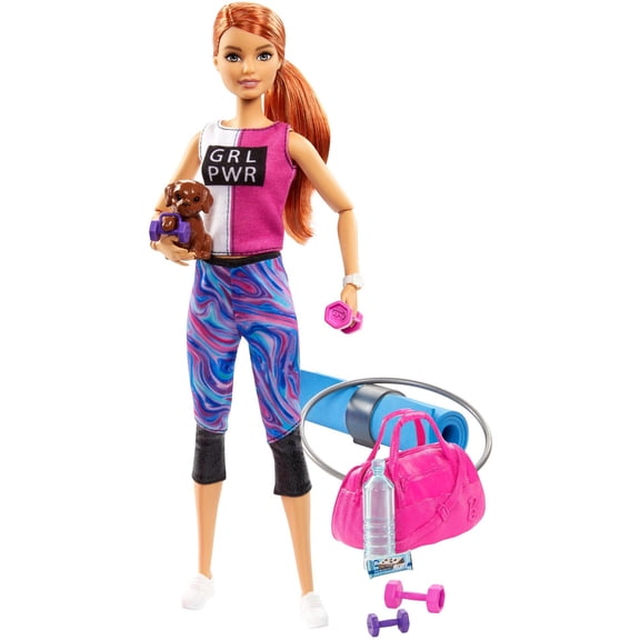 Barbie Fitness Red-Haired Doll with Puppy and 9 Accessories Including Yoga Mat and Bag