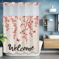 thumbnail image 6 of Welcome No Hooks Shower Curtain with Snap-in Liner Spring Watercolor Pink Cherry Blossom Floral Butterfly Linen Texture Shower Curtains for Bathroom, Waterproof, Easy Install, Washable 60"x72", 6 of 9