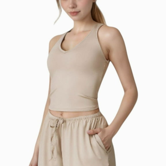 Women's Cropped Active Tank Top with Built-In Bra and Racerback Design - Small, Beige