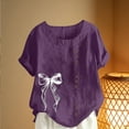 thumbnail image 4 of Xuyuer Women's Casual Linen Round Neck Printed Short Sleeve Button Blouse, Breathable Summer Top for Vacation Wear, Market Days and Relaxed Boho Style, 4 of 5