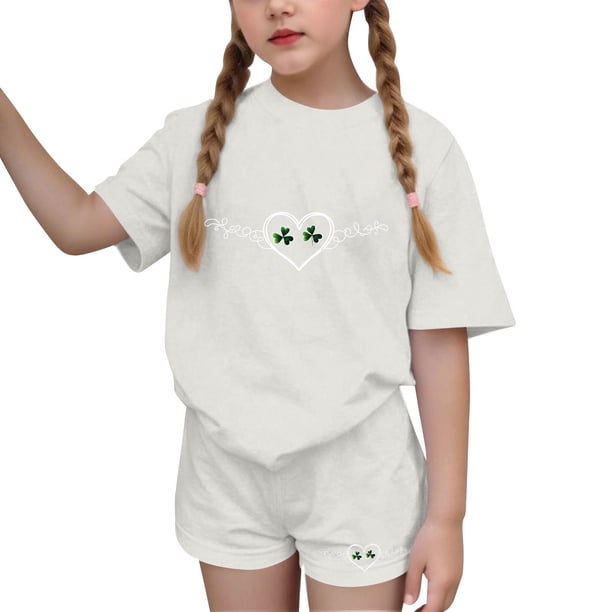 Vestido de manga corta para niños Día de San Patricio impreso manga corta cuello redondo y pantalones conjunto, vestido de niños casual