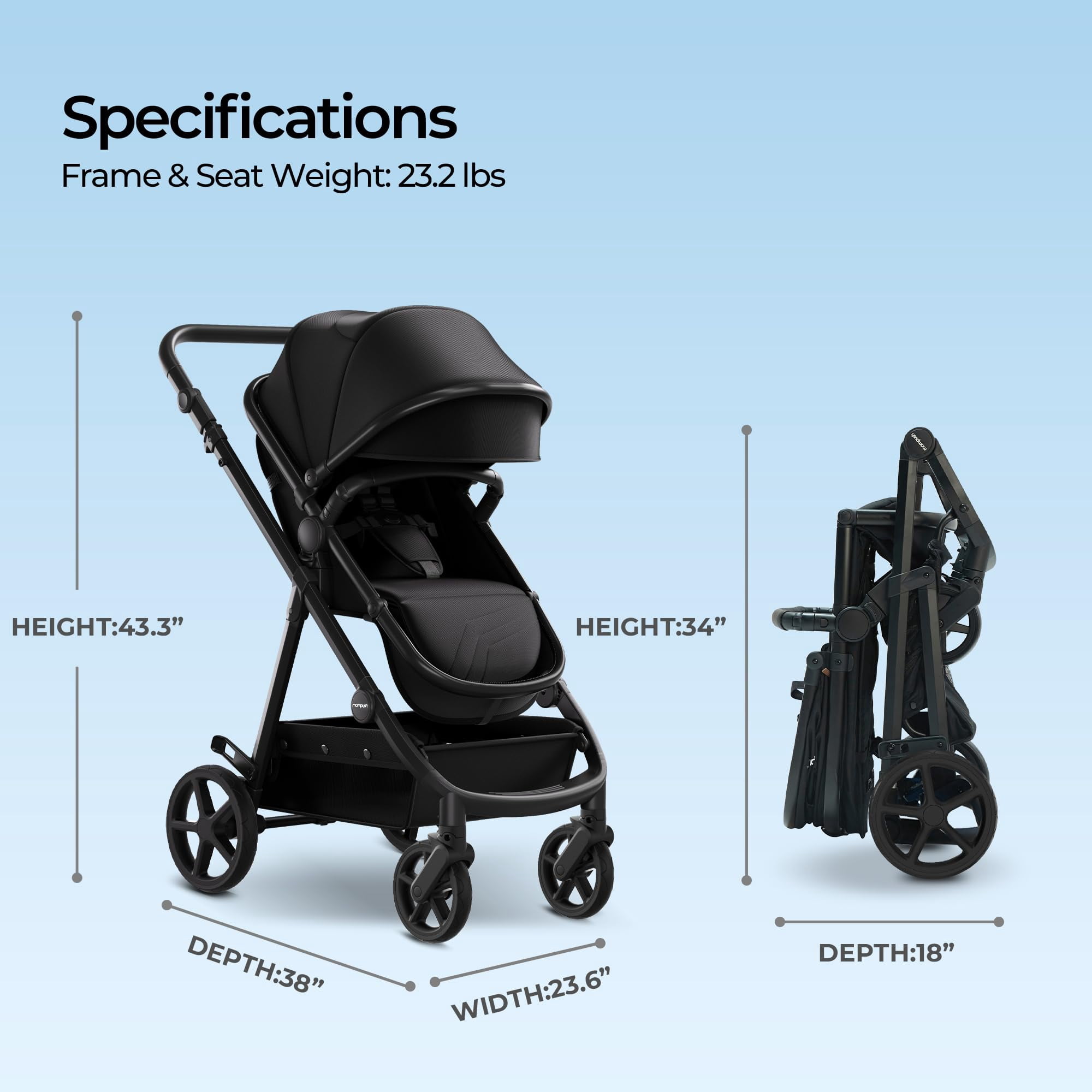 Mompush Meteor2, 2-in-1 Baby Stroller with Bassinet Mode, Adjustable Handle and Footrest, Black, 23.2LB, Unisex