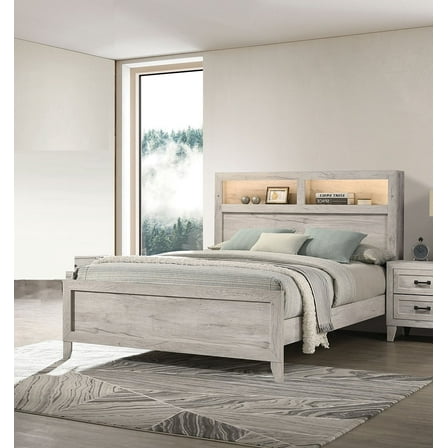 1pc King Size Bed Storage Shelve W/ Light Bedroom Furniture Modern White wash Finish Wooden Panel Bedframe