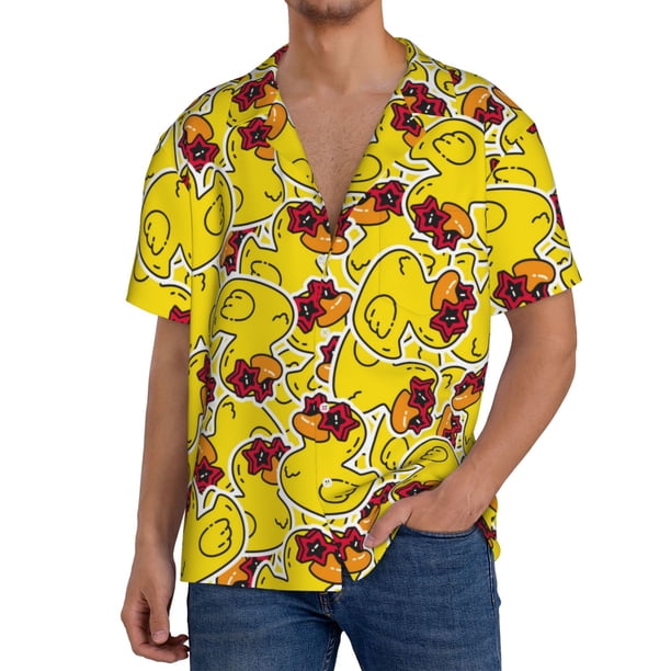 Fotbe Duck with Star Sunglasses Camisa Estampada de Manga Corta para Hombre, Casual de Verano, Estilo Playero, Sin Arrugas-Small