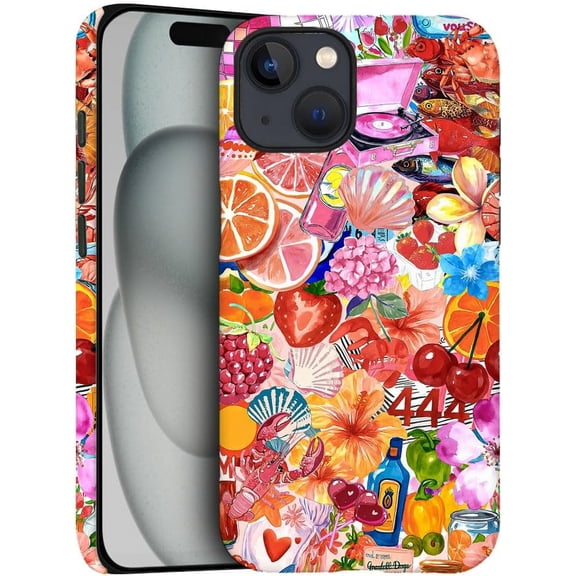 Compatible with iPhone 15 Plus, Frosted PC Anti-Scratch Shockproof Case - Classic Retro Fruit Collage