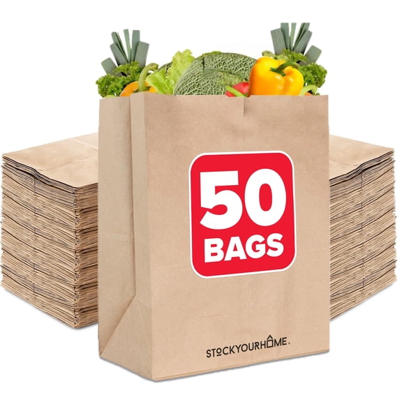Stock Your Home 70 lb Kraft Brown Bags with Handles (50 Count), Large Grocery Bags Bulk for Shopping or Storage