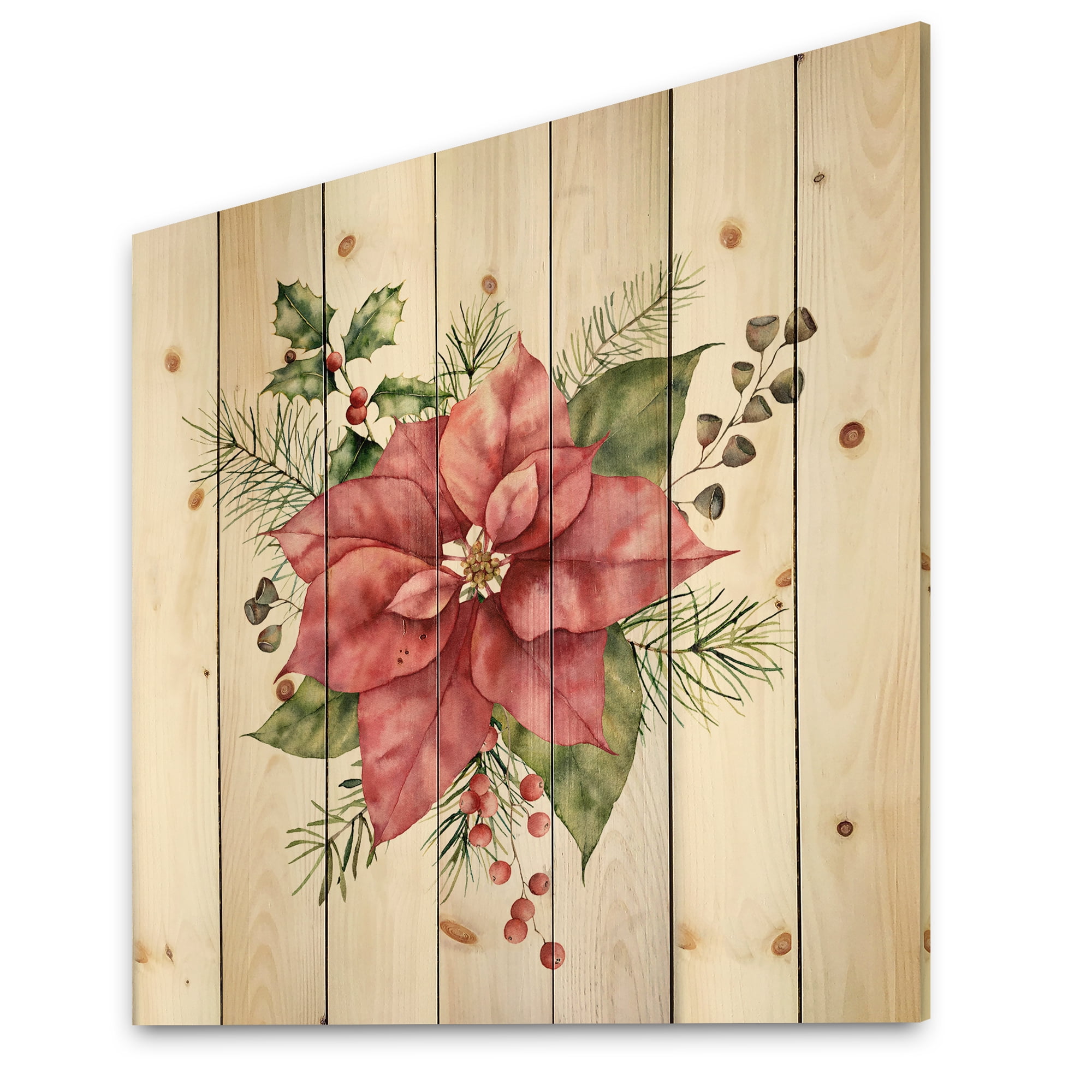 Designart 'Christmas Fir Branch and Holly Mistletoe Berries II' Traditional Print on Natural Pine Wood