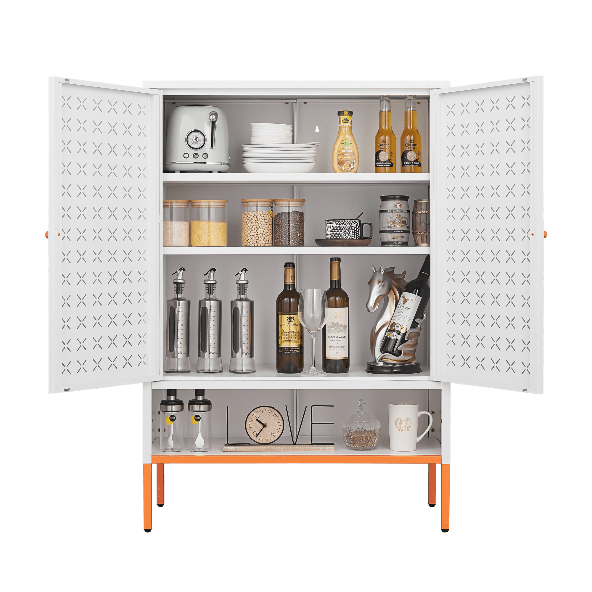Grid Double Door Shoe Cabinet, 3 Layer Adjustable Compartments for Flexible Storage, Hollow Shoe 15cm Moisture-proof high Foot Design