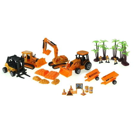 Super Power Century Construction Toy Construction Vehicle Die Cast Car Play Set w/ 4 Vehicles, 3 Construction Worker Figures, &