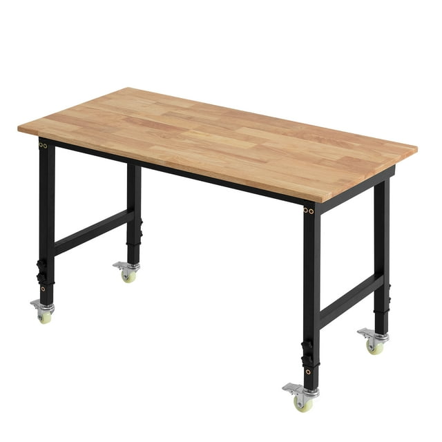 VEVOR Établi Réglable sur Roues, Capacité de 1500 Lb, Plateau en Bois de Chêne 48 x 24 Pouces avec Réglage de Hauteur de 28,5 à 42,3 Pouces, Table de Travail en Bois Dur Robuste