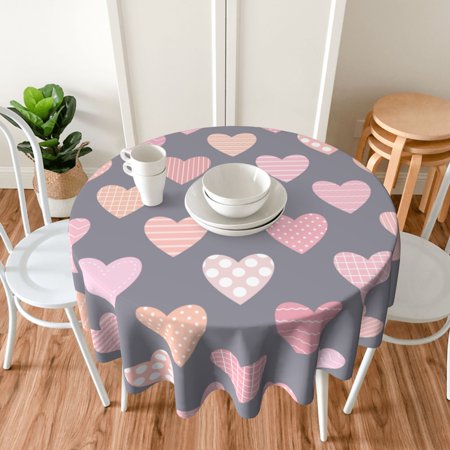 TEQUAN 60" Round Tablecloth, Cute Hearts Valentine Pink Pattern Washable Polyester Table Cloth, Waterproof Wrinkle Resistant Decorative Table Cover