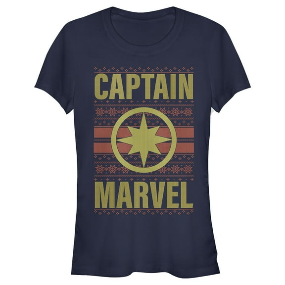 Junior's Marvel Ugly Christmas Captain Marvel Graphic Tee Navy Blue Large