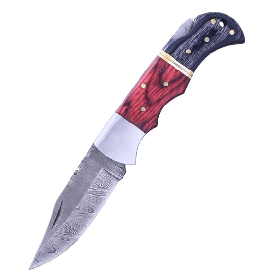 TheBoneEdge 6.5"" Damascus Blade Folding Knife Black & Red Wood Handle With Pouch