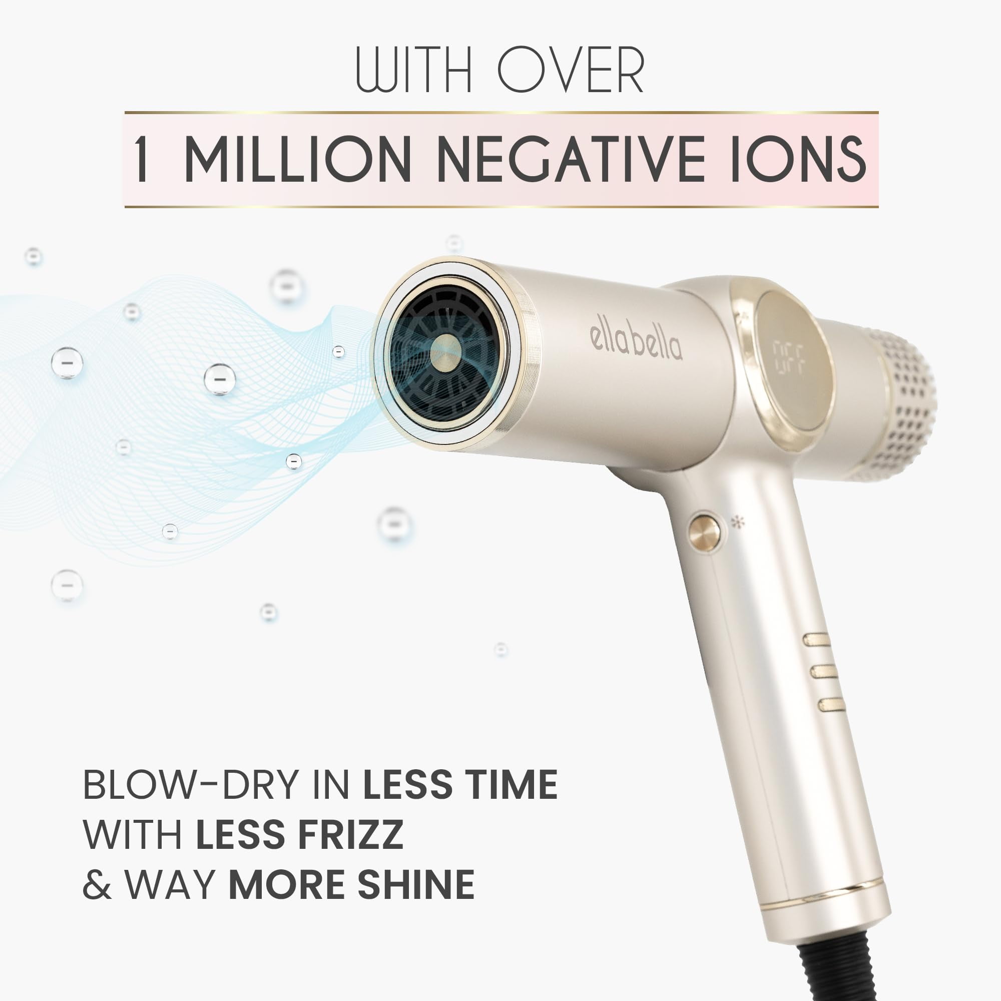 ELLA BELLA® Professional Ionic Hair Dryer with Diffuser, Negative Ion Blow Dryer, Suitable All Hair Types • Intelligent Heat Control & Rapid Drying Speeds • Lightweight Design & Low Noise (Champagne)