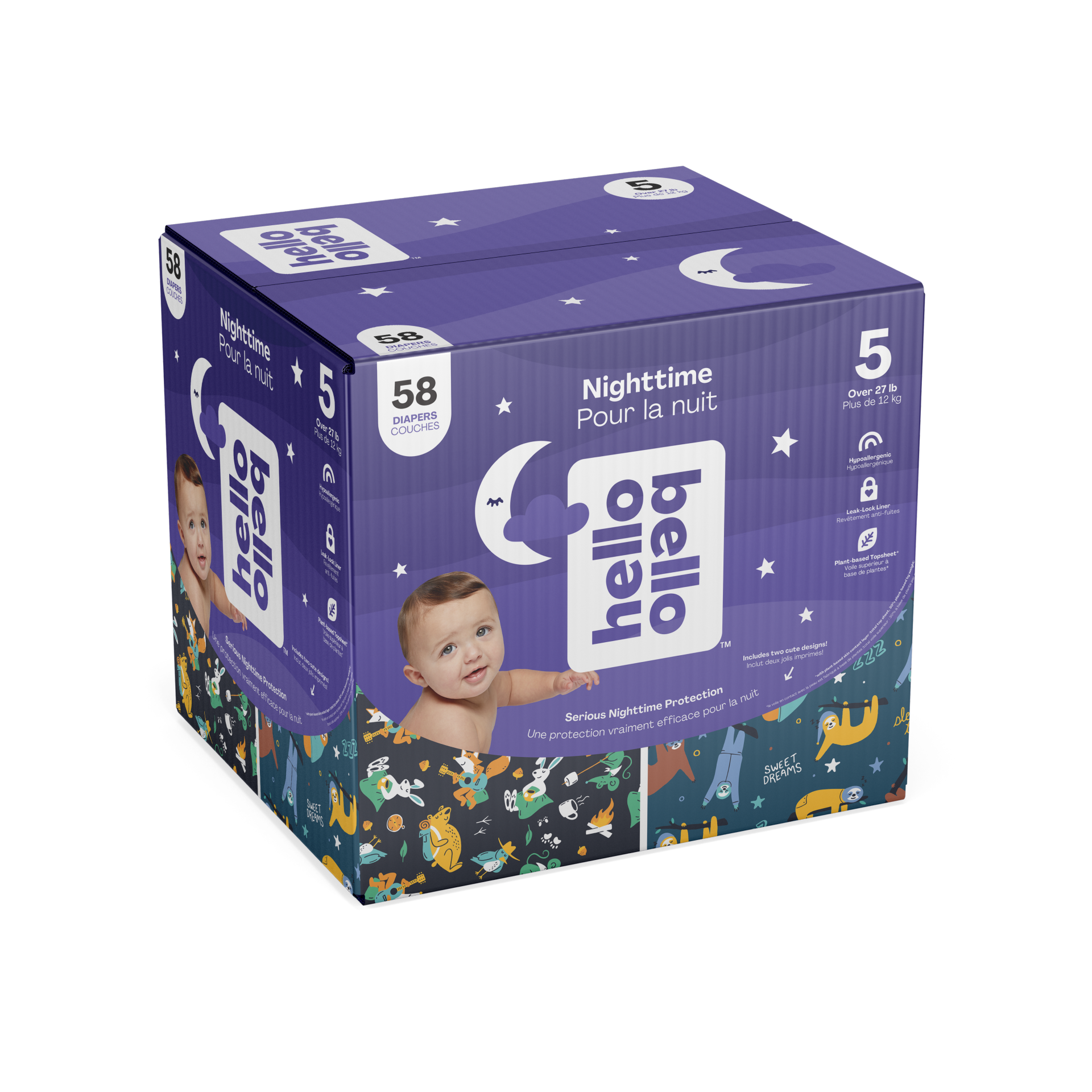 Hello Bello Premium Gender Neutral Overnight Diapers I for Babies and Kids at Night I Size 5 I Snoozy Sloths & Sleepy Campers I 58 Count - image 2 of 8