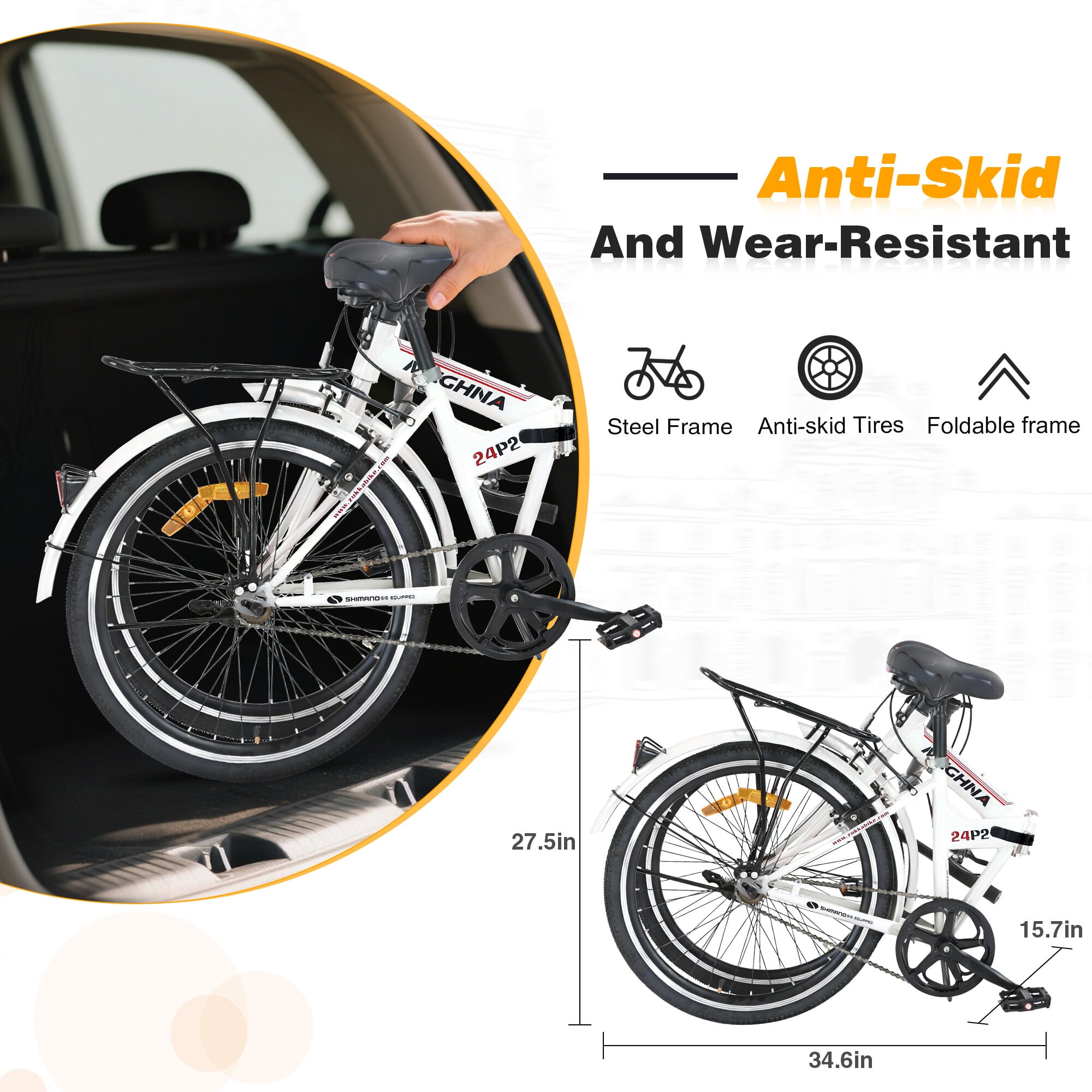 Mountain Bikes 24 Inch Folding Bike for Adults with Fenders, Steel Frame Single Speed City Commuter, Dual V-Brake Portable Compact Bicycle for Men & Women,Hybrid Bikes