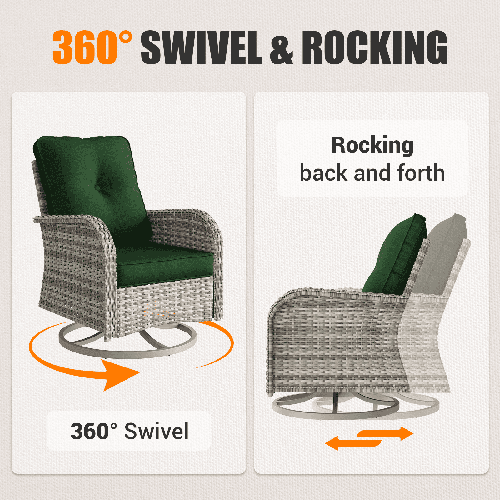 Muphyers 9-Piece Wicker Swivel Rocker Chairs Set with 55000BTU Fire Pit Table & Ottomans, All-Weather Outdoor Patio Furniture Set, Conversation Set for Backyard Porch Deck Garden,Dark Green