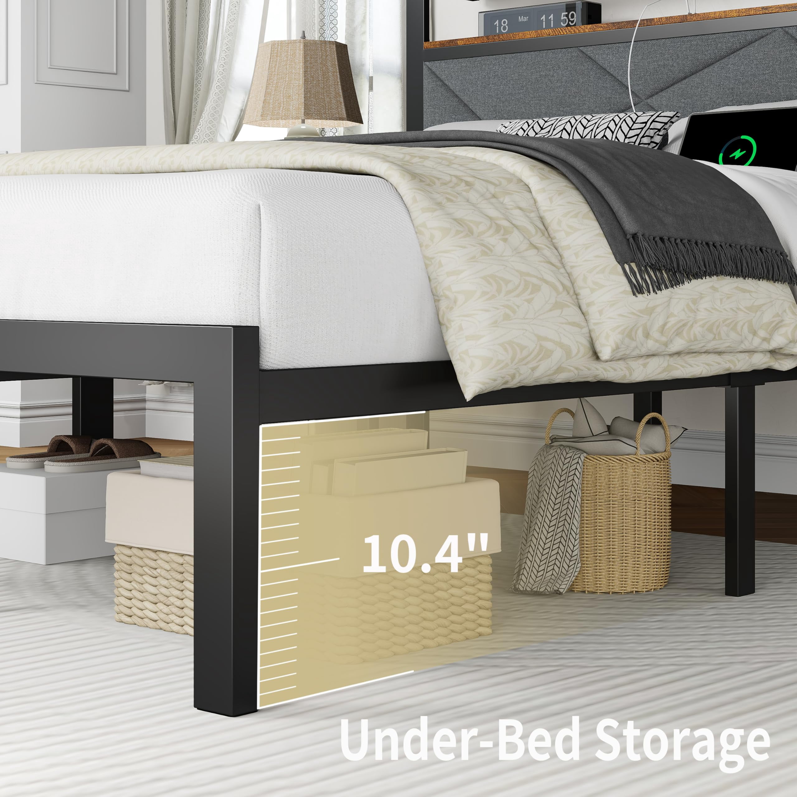 ChicZhiNest Twin Size Bed Frame with Storage Headboard and LED Light, Metal Platform Bed with Charging Station, Dark Gray
