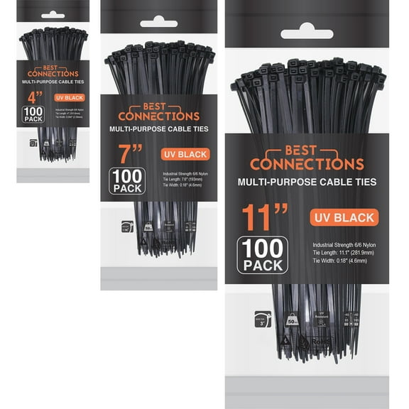 100 Pcs Each 4" / 7" / 11" Black Nylon Cable Wire Zip Ties (300 Pcs Total)