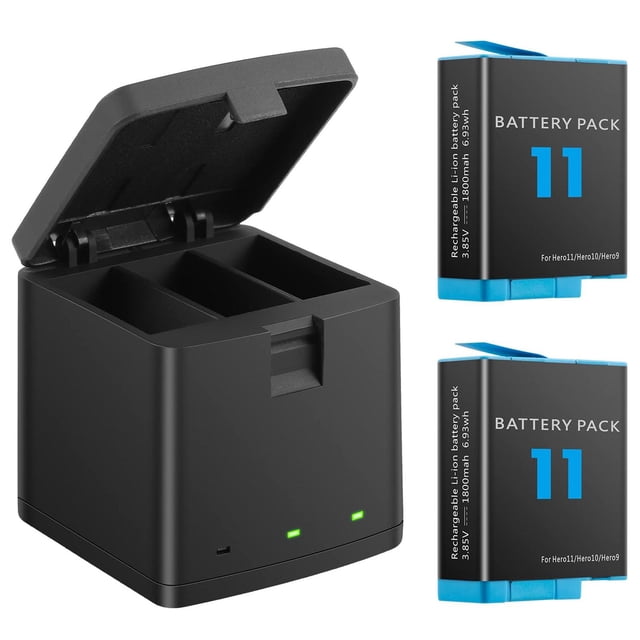Baterías PHTEGI Gopro Hero 12/11/10/9 Black 1800mAh con Cargador rápido USB 3 Canales Paquete de 2