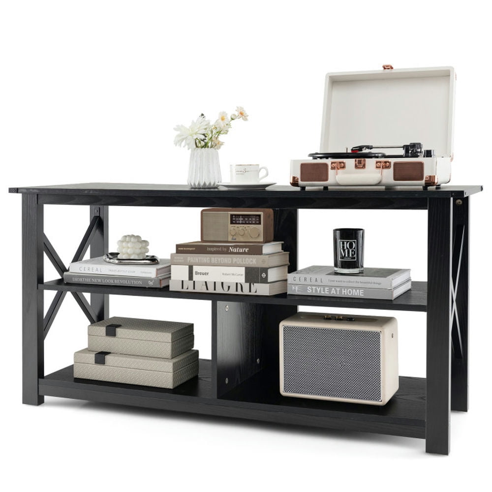 Finihen TV Stand, Entertainment Center, 3 Tier Wood TV Stand for 55-Inch with Open Shelves and X-Shaped Frame, for Living Room, Black