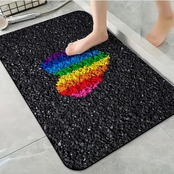 1pc Rainbow Heart on Black Gravel Bathroom Rug Bathroom Decor and Accessories- Durable,Anti Slip,And Quick Drying,Suitable For Indoor/outdoor Use - Perfect For Bathrooms,Bedrooms,Kitchens