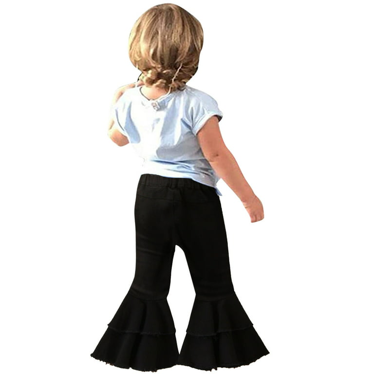 niuredltd toddler denim bell bottom pants baby girls trousers two ruffles  flare ripped jeans for kids 1-6y