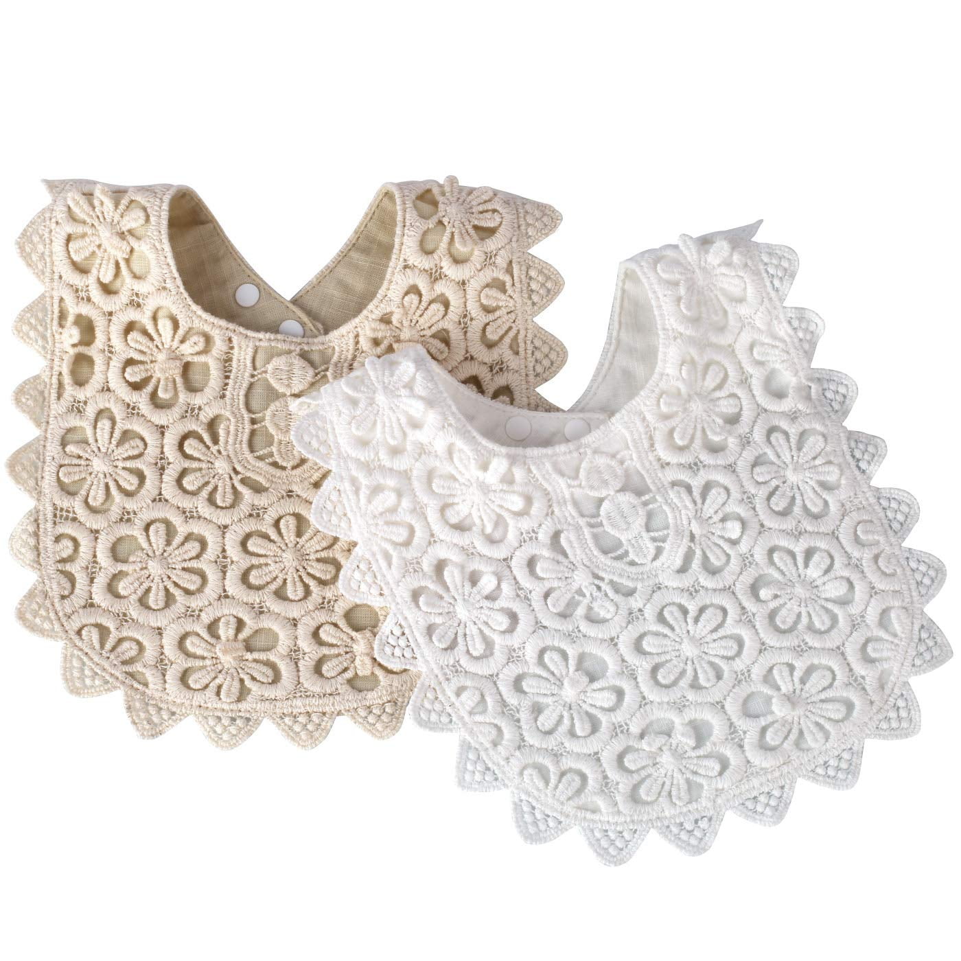 2 Pack Baby Drool Bibs,100% Organic Cotton Drooling and Teething Bibs Lace Fake Collar Bib Set for Toddler Girls Baby Gift (White+Beige)