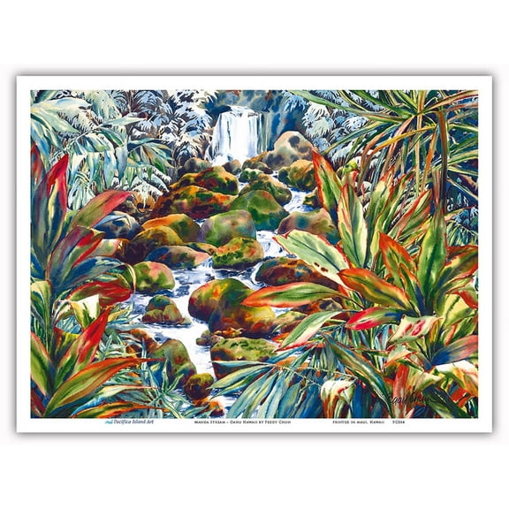 Manoa Stream - Manoa Falls Oahu Hawaii - From an Original Hawaii Watercolor Painting by Peggy Chun - Master Art Print (Unframed) 9in x 12in