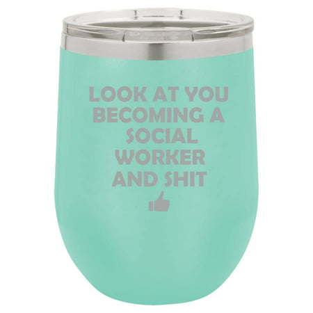 

12 oz Double Wall Vacuum Insulated Stainless Steel Stemless Wine Tumbler Glass Coffee Travel Mug With Lid Look At You Becoming A Social Worker Funny (Teal)