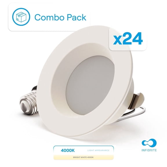 INFIBRITE 4 Inch 4000K Cool White 9W 750LM Recessed Retrofit LED Sleek Series Downlight Kit (Includes E26 Connector), Dimmable, Wet Rated (24 Pack)