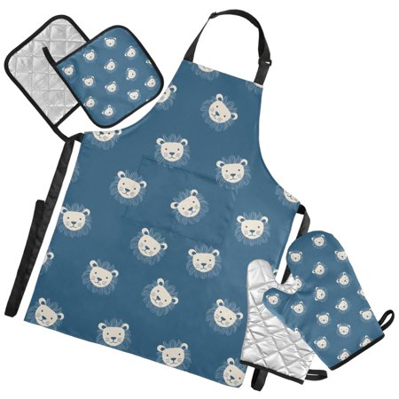 Ryvnso Blue Cute Lion Kitchen Apron Oven Mitts Set Pot Holders