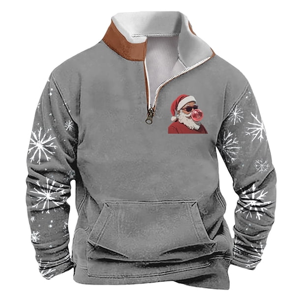 Sudadera sin capucha para hombre, de invierno, con cuello alto, cremallera, estampado navideño, jersey de manga larga, sudadera con capucha, blusa de poliéster para hombre
