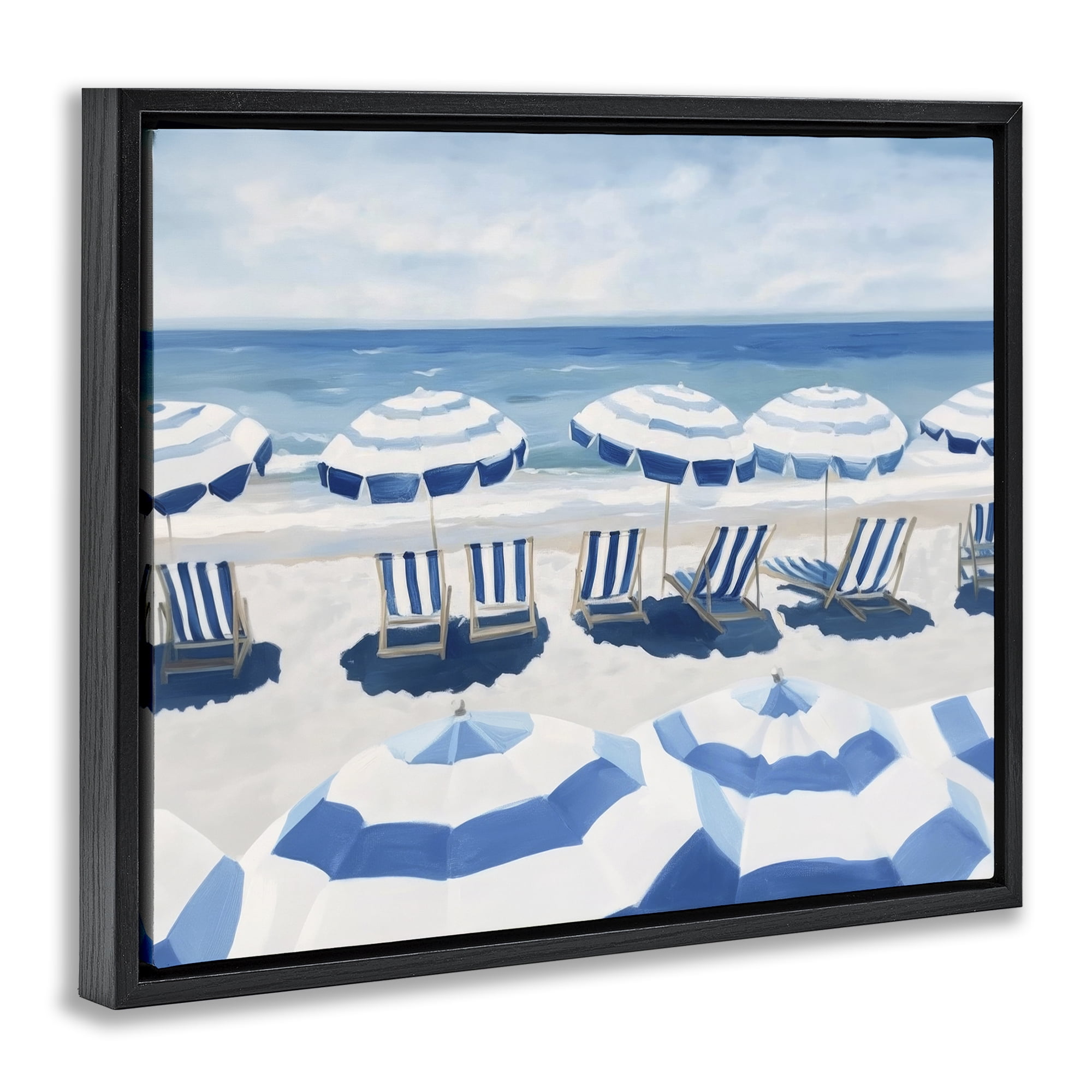 Stupell Industries Beach Nice Blue Striped Umbrellas Black Framed Floater Canvas Wall Art, design by Sisi and Seb