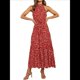 thumbnail image 2 of Vestido Bohemio de Verano para Mujer, Sin Mangas, con Estampado de Lunares, Cuello Halter, Volantes, Dobladillo y Cinturón Vino Tinto M, 2 of 8