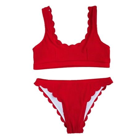 Swimsuits for Women Solid Color Ruffled Gathering Push-Up Padded Bra Bikini Set Red Womens Bathing Suits M