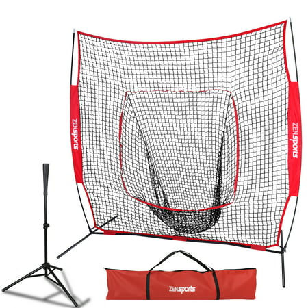Zeny 7'×7' Baseball Softball Practice Net w/Bag & Bow Frame + Pro-Style Batting (Best Baseball Practice Tee)