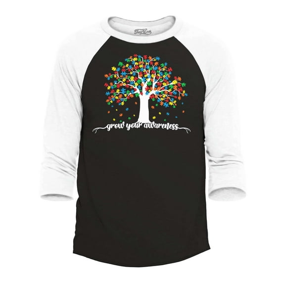 Shop4Ever Men's Grow Your Awareness Autism Puzzle Tree Raglan Baseball Shirt XXX-Large Black/White