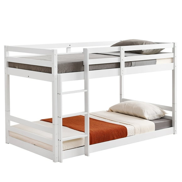 Ktaxon Bunk Bed Twin Over Twin,Kids Low Floor Bunk Bed with Guard Rails for Children Boys Girls Dormitory Bedroom,No Box Spring Needed,White