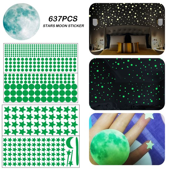 Willkey Glow in The Dark Stars for Ceiling,Glow in The Dark Stars and Moon Wall Decals, 637 Pcs Ceiling Stars Glow in The Dark Kids Wall Decors, Perfect for Kids Nursery Bedroom Living Room