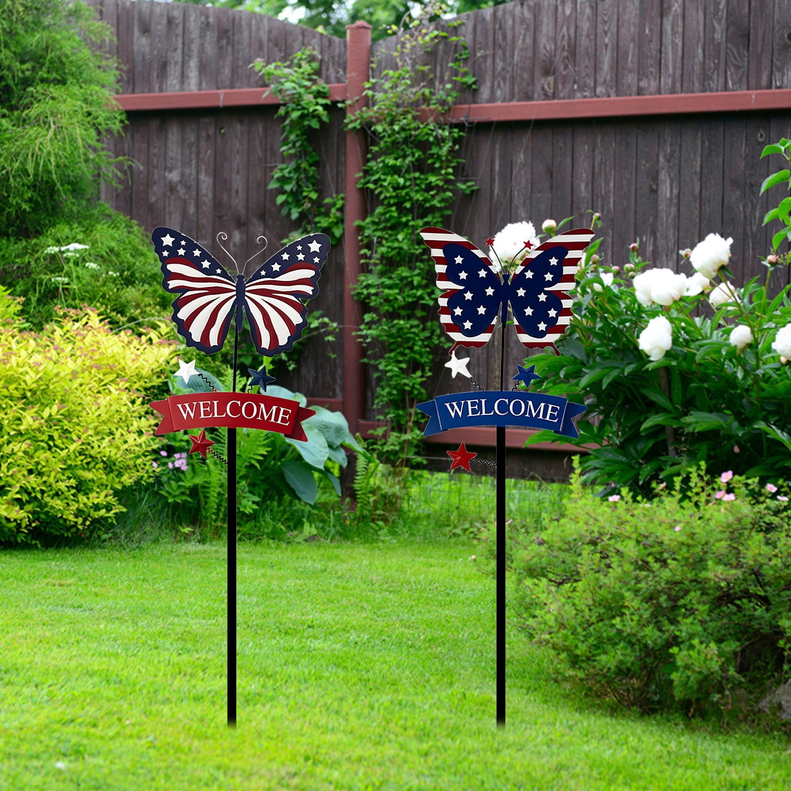 ERTZAE 2Pc Patriotic Garden Stake,15.74" Patriotic Butterfly Welcome Yard Stake,4Th Of July Decorations Outdoor,Usa Lawn Porch Yard Sign,Red White Blue Independence Anniversary Memorial Day Decor