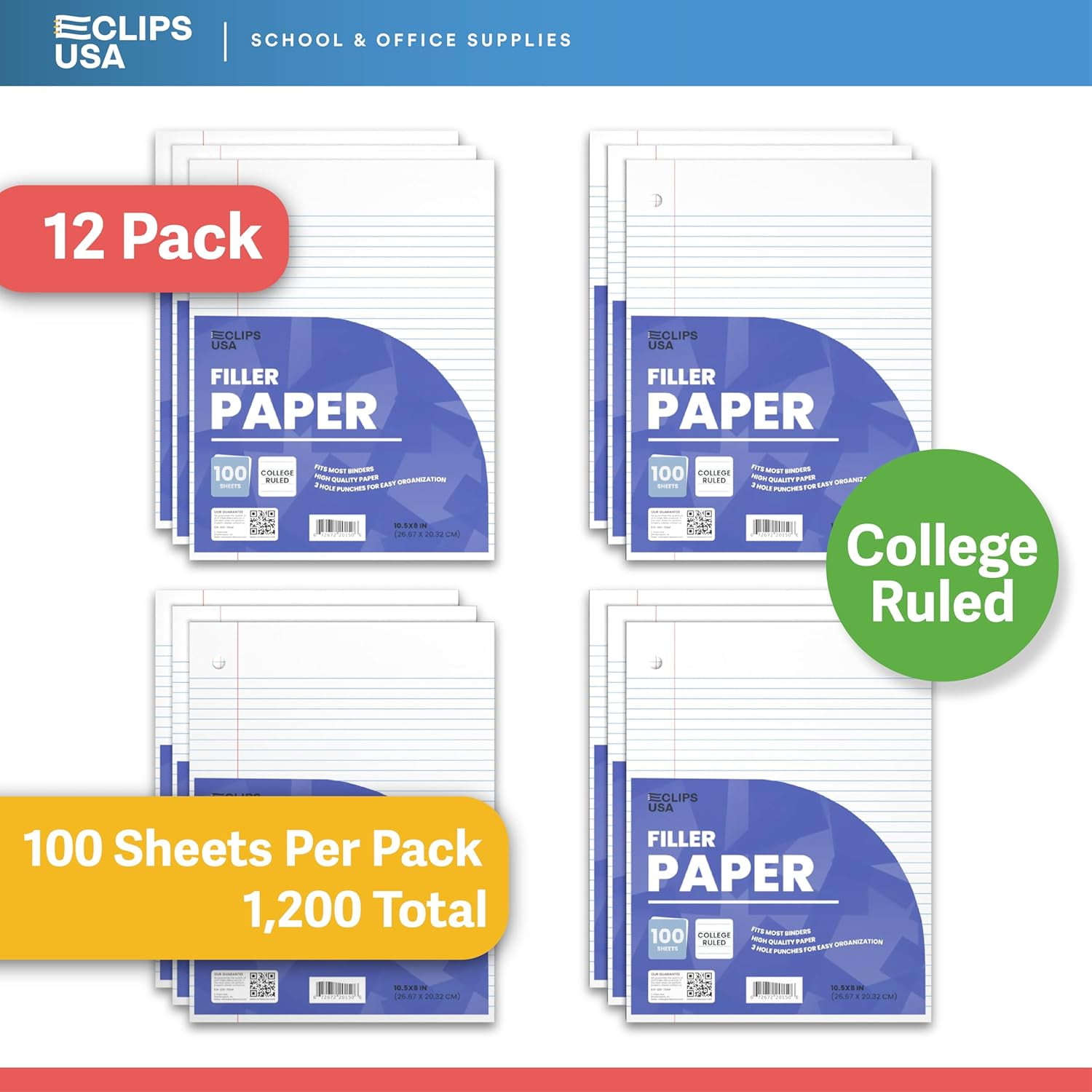 E-Clips USA 100-Sheet Notebook Paper, College-Ruled Loose Leaf Paper, 12-Pack