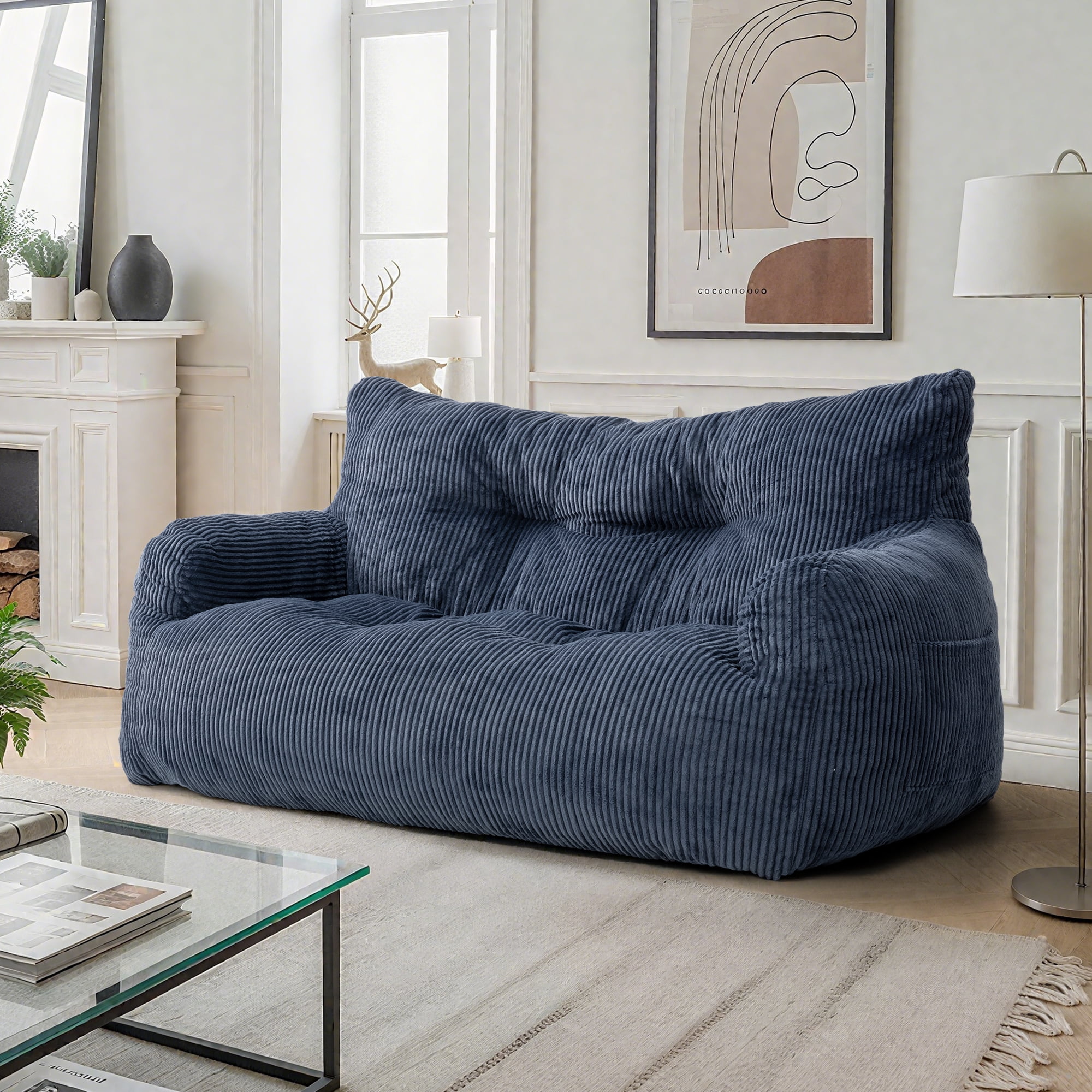 Pamapic Blue Bean Bag Chair, Double Seater Corduroy Lazy Sofa