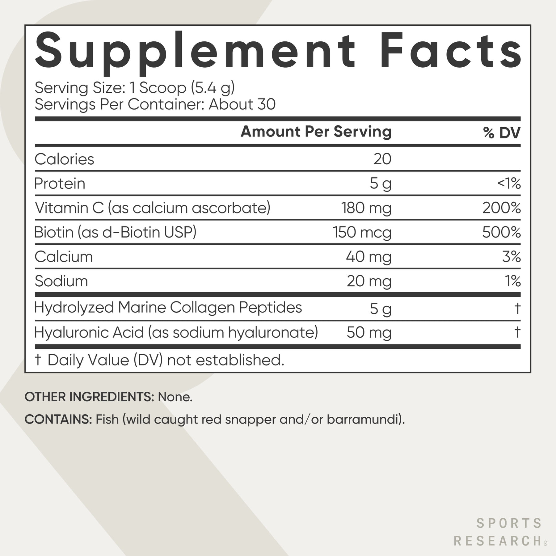 Sports Research Marine Collagen Complex Unflavored, Hyaluronic Acid, Biotin, Non-GMO, Gluten-Free, 30 Servings