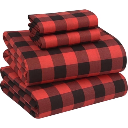 RUVANTI Flannel Sheets Full Size - 100% Cotton Double Brushed Bed Sheets Set, Deep Pockets 16 Inches, All Seasons Breathable & Extra Soft Full Sheets, Warm & Cozy, 4 Piece, Red & Black Plaid