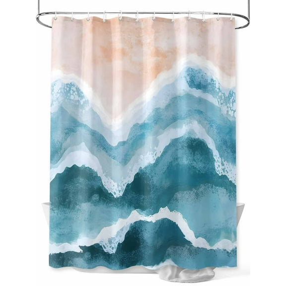 Ocean Wave Shower Curtain, Blue Gradient Beach Boho Waterproof Shower Curtain Set with 12 Hooks Lightweight Washable Fabric Shower Curtains for Bathroom 72x72 Inches