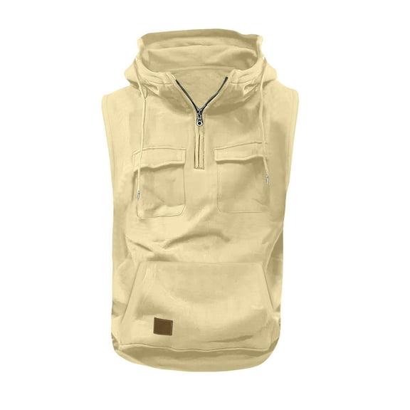 IYTR Men's T Shirts Comfy Summer Fashion Solid Color Hooded Neck Multi-pocket Cargo Sleeveless Pullover Hoodies Workout Outdoor Sweatshirt Tank Tops Tshirt Beige XL